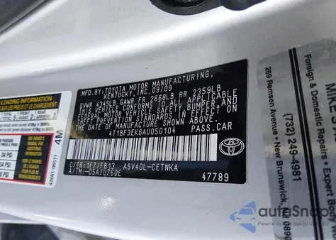 2010 Toyota Camry Le z USA, uszkodzony, nr VIN 4T1BF3EK6AU050104